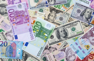 Obraz na płótnie Canvas dollar, euro and hryvnia banknotes