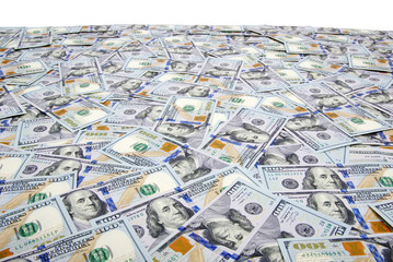 Many dollar banknotes on white