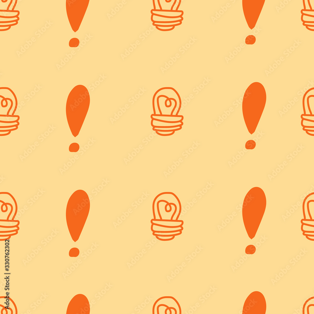 Poster exclamation mark and light bulb seamless pattern on white background. hand drawn vector elements.vec