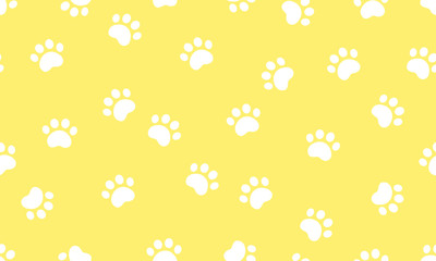 Animal footprint seamless pattern on yellow pastel color. Dog and cat Paw pattern in cute cartoon style. Background, Wallpaper, and tile Vector illustration modern design.
