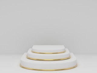 3D rendering of white gold pedestal podium on clearly background, abstract  minimal podium blank space for beauty cosmetic product,Clean design luxury minimalist mockup stage round pillar stand scene,