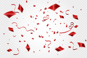 Many Falling Red Tiny Confetti And Ribbon Isolated On Transparent Background. Vector