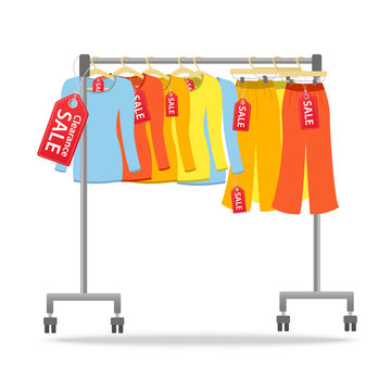 Women clothes discount and clearance sale. Vector illustraton isolated on white background. Trousers and long sleeve shirt collection on hanger rack and display in the shop. Red slae tags on clothes.