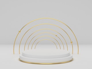 Obraz premium 3D rendering of white gold pedestal podium on clearly background, abstract minimal podium blank space for beauty cosmetic product,Clean design luxury minimalist mockup stage round pillar stand scene,