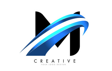 M Letter logo with blue gradient swash design.