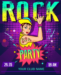 Rock party poster. Sexy young girl in baseball cap. Girls Rock speech bubble. Vector bright illustration in retro comic pop art style. wall stickers