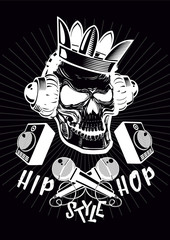 Hip-hop poster with skull. Gangster rap vector print. Music party background.