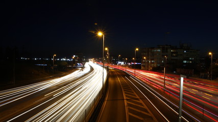 Fototapeta na wymiar long exposure, night, traffic, highway, road, city, light, car, street, cars, lights,