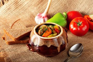 Hot beef hungarian  goulash soup with paprika, beef, potatoes, carrots, onion, pepper and herbs....