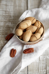 Nuts pecan on wooden table