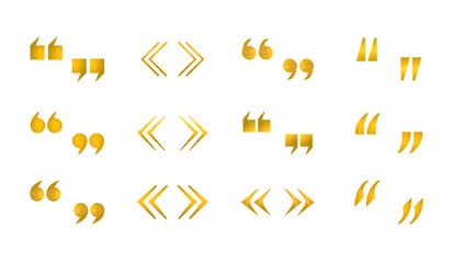 Vector collection of quote signs isolated on white background, shiny golden textured icons.