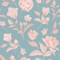 Vector floral seamless pattern with roses, tulips and chrysanthemum