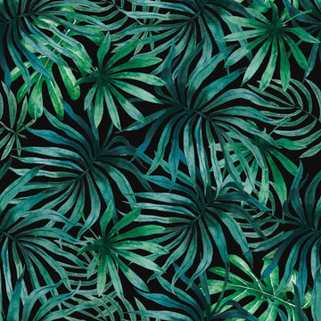 Watercolor tropical palm leaves seamless pattern. Hand drawn jungle illustration dark background.
