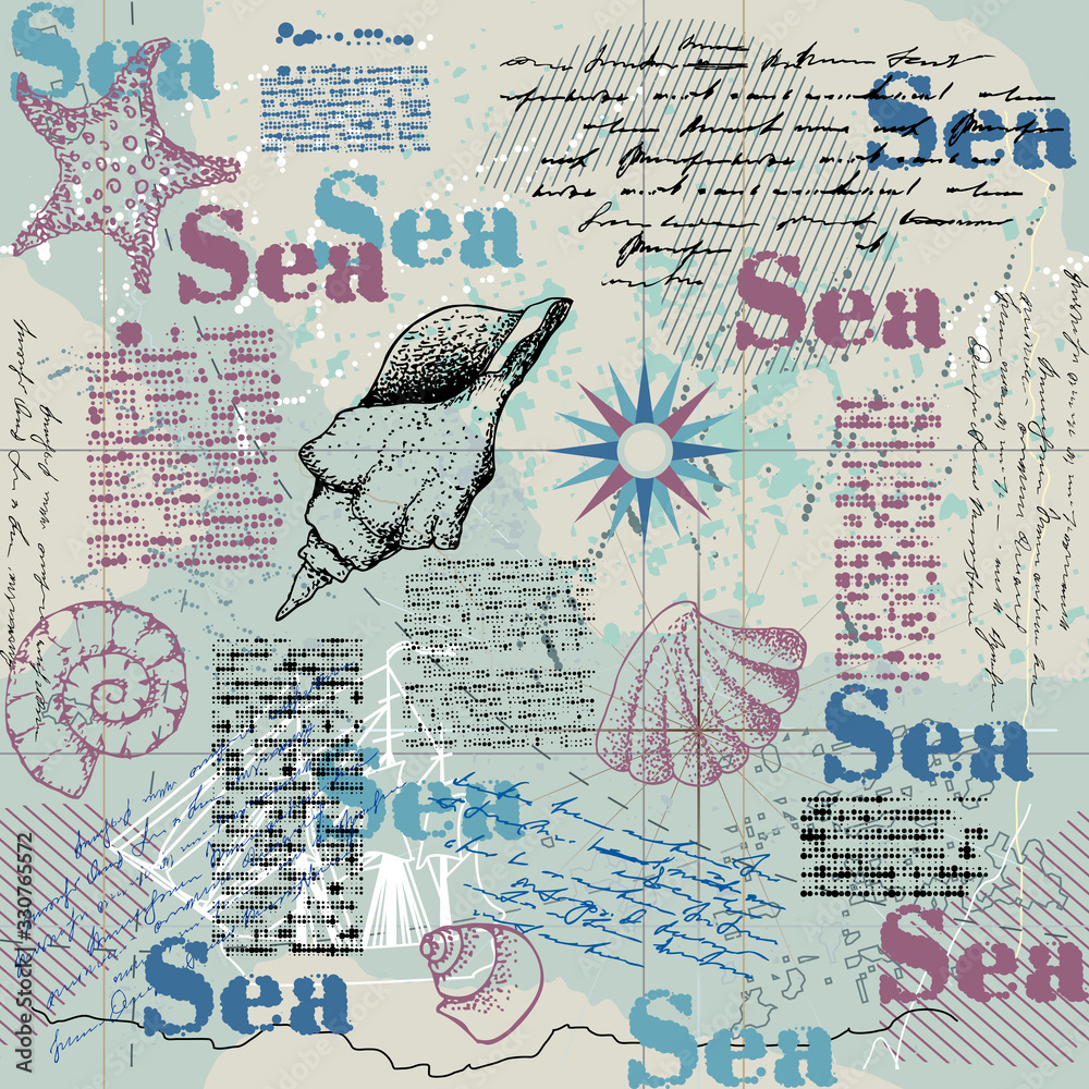 Poster blue pattern and hand draw in marine style.