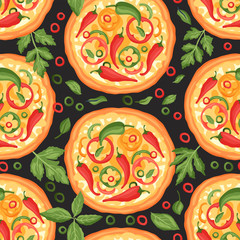 Italian cheese pizza vector illustration. Delicious spicy chili pepper tasty snack seamless pattern. Cayenne flat design.