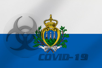 3D ILLUSTRATION VIRUS, BIOHAZARD SYMBOL CORONAVIRUS WITH San Marino FLAG, Flu coronavirus floating, micro view, pandemic virus infection, asian flu.