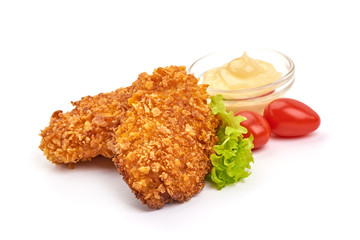 Fried Chicken strips in breadcrumbs, isolated on white background