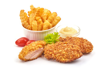 Fried Breaded Chicken Nuggets, isolated on white background