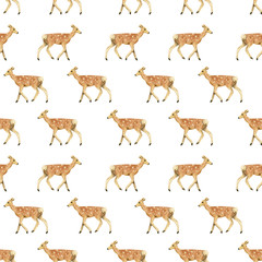 Watercolor hand drawn regular seamless pattern with spotted deer isolated on white background. Design element with fawn good for wallpaper, textile, print, wrapping paper etc.