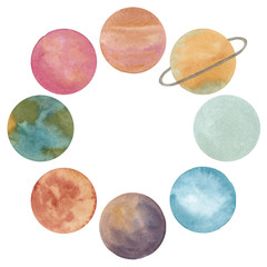 Watercolor hand drawn round frame with abstract planets of solar system (Mars, Earth, Venus, Mercury, Saturn, Jupiter, Pluto, Uranus, Neptune) isolated on white background with copy space. © Lelakordrawings