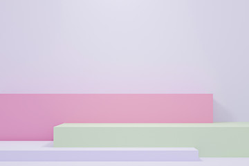 Minimal 3d rendering scene with composition empty step cube shades of colorful pastel podium for cosmetic product and abstract background. mock up geometric shape in pastel colors. 3d illustration