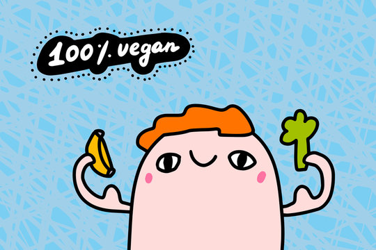 100 percent vegan hand drawn vector illustration in cartoon comic style man strong holding banana and broccoli