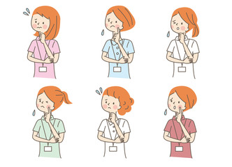 悩む若い女性　白衣　セット