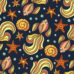 Golden fish, starfish and shell sea vector background. Seamless pattern with hand drawn cute colorful graphic illustrations. Underwater cartoon summer wallpaper.