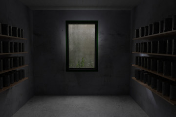 Vorrat an Konservendosen im Luftschutzkeller. 3D Rendering