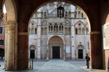 Ferrara (FE), Italy - June 10, 2017: Facade of San Giorgio's cathedral, Ferrara, Emilia Romagna, Italy