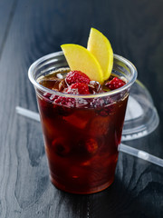 iced coffee with raspberries and apple