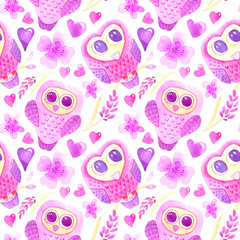 Fototapeta premium Seamless pattern with owls. Watercolor pink owls, flowers and hearts isolated on a white background. Hand-drawn backdrop for invitations, fabric, decor