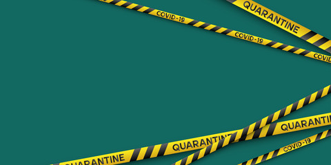 Warning coronavirus quarantine banner with yellow and black stripes. Virus Covid-19. Blue background with copy space. Quarantine biohazard sign. Vector. - obrazy, fototapety, plakaty