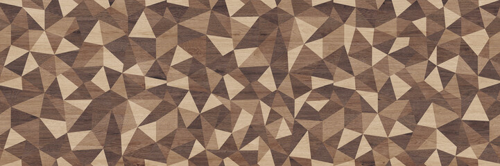Abstract parquet floor with rumpled futuristic triangular geometric surface and wooden background