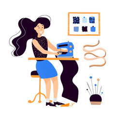 Fototapeta premium Vector clip art girl seamstress sews on an electro-sewing machine. Flat illustration hand drawn on a white background. Shop of fabrics and sewing, aloe, crochet cutting and sewing
