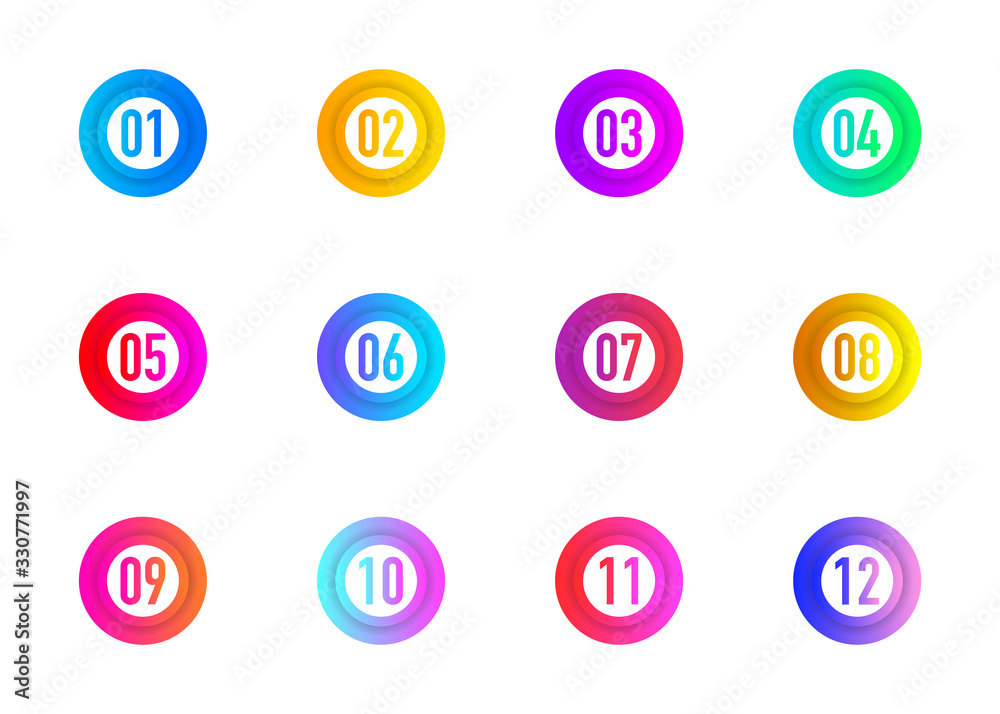 Poster collection circles bullet point triangle flags isolated on white background. colorful gradient marke