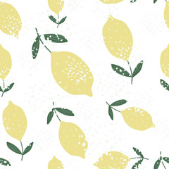 Yellow lemon with leaves seamless pattern white background. Hand drawn citrus fruits.