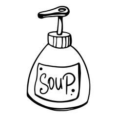 Liquid soap in a bottle cute doodle outline digital art. Print for banners, posters, web, stickers, posts, paper, cards.