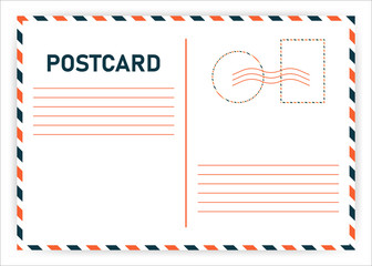 Postcard travel vector in air mail style with paper texture and rubber stamps on white background. Vector