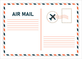 Air Mail. Postcard travel vector in air mail style with paper texture and rubber stamps on white background. Vector
