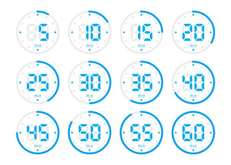 Timer, clock, stopwatch isolated set blue icons on white background. Vector