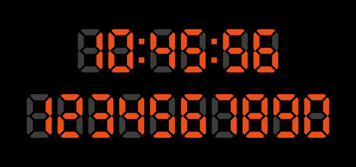 Digital clock numbers on black background. Set red numbers. Vector