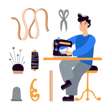 Vector clipart man seamstress tailor sews on an electric sewing machine. Flat illustration hand drawn on a white background. Business, atelier sewing, dressmaking and sewing threads. Tailor business