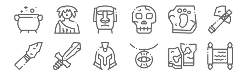 set of 12 history icons. outline thin line icons such as papyrus, amulet, sword, footprint, moai, caveman