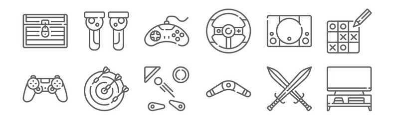 set of 12 gaming icons. outline thin line icons such as tv, boomerang, darts, game console, gamepad, game controllers © MacroOne