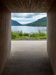 Inveruglas Pyramid viewing platform, Loch Lomond, Scotland. A view of the famous Scottish Loch framed by the viewing platform.