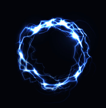 Realistic lightning ring, energy ball, magic sphere, blue color plasma on dark background. Isolated vector illustration