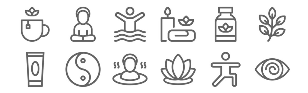 Set Of 12 Therapy Icons. Outline Thin Line Icons Such As Hypnosis, Lotus, Yin Yang, Supplement, Physiotherapy, Yoga