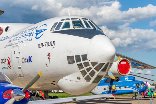 ZHUKOVSKY, MOSCOW REGION, RUSSIA - JULY 23, 2017: Expositions of International Aerospace Salon MAKS-2017 in Zhukovsky, Moscow region, Russia. closeup of plane IL-76