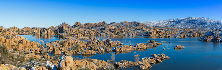 A panoramic winter image of Watson Lake in Prescott Arizona with the Granite Dells taken by a drone.